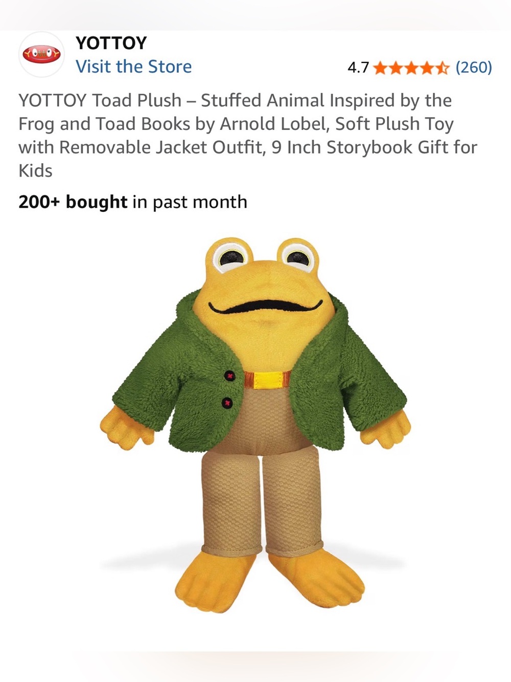 YOTTOY Toad from Frog and Toad book  Plush with Green Jacket and Brown Pants